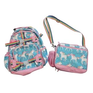 PBK Mackenzie Backpack & Lunchbox Aqua Unicorn Harper Monogram Good Condition